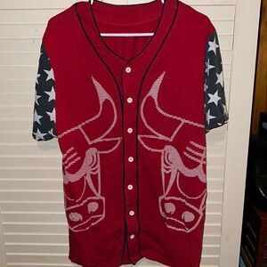 Vtg NBA Chicago Bulls Red Button Up Jersey Mens Large July 4th USA